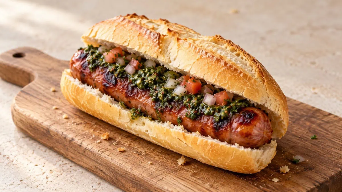 Choripán argentin au chorizo grillé, chimichurri et salsa criolla