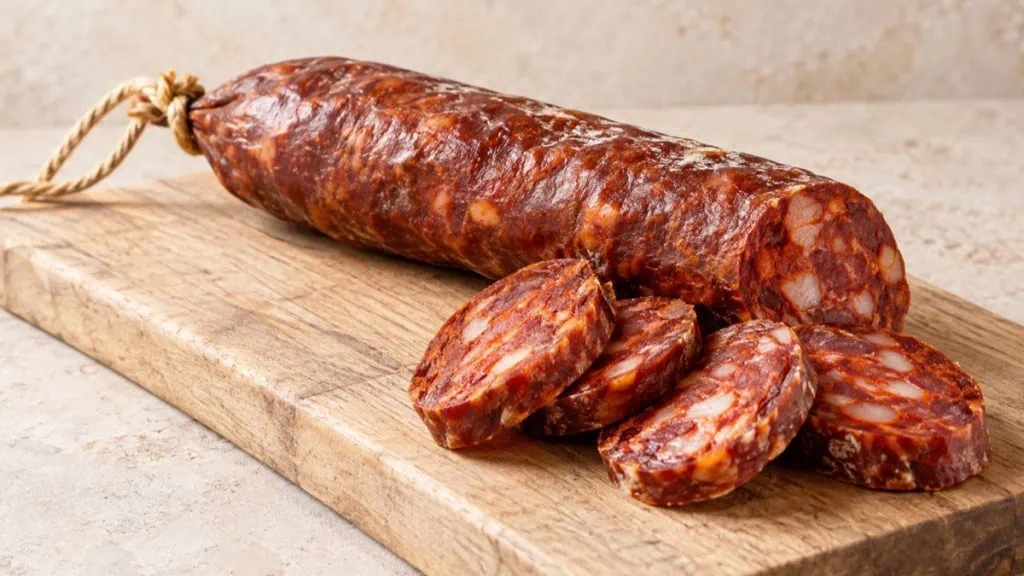 Chorizo espagnol entier et tranché sur une planche en bois