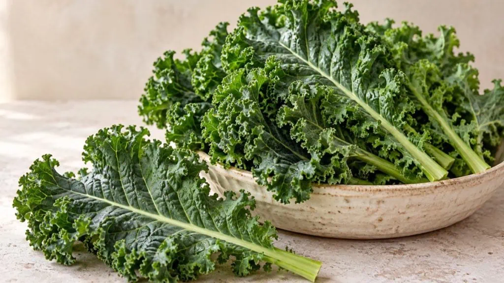 Feuilles fraîches de chou kale vert dans un plat en grès