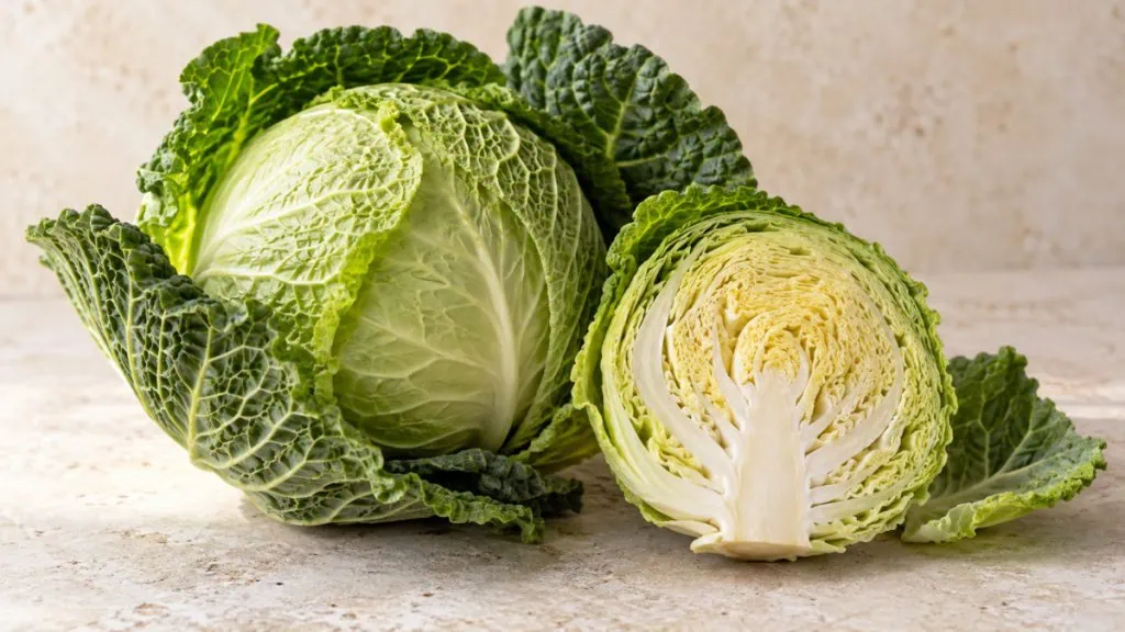 Chou vert entier et coupé montrant ses feuilles nervurées et son cœur