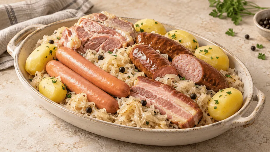 Choucroute alsacienne garnie de saucisses, porc et pommes de terre