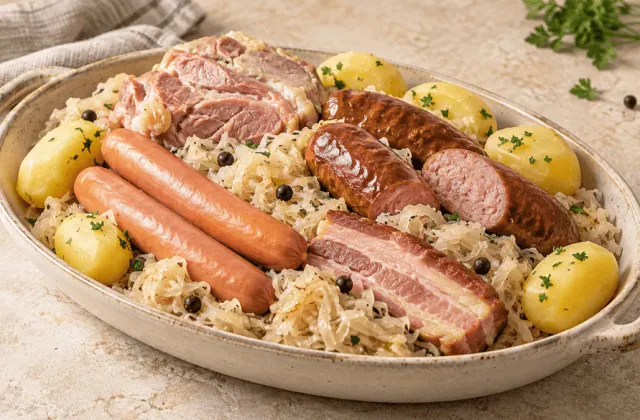 Choucroute alsacienne garnie de saucisses, porc et pommes de terre