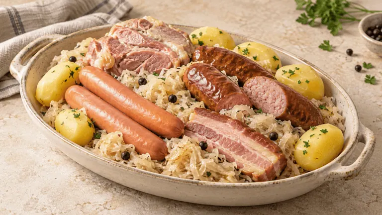 Choucroute alsacienne garnie de saucisses, porc et pommes de terre