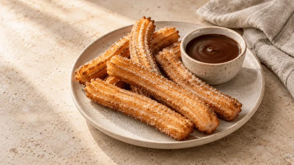 Churros espagnols dorés avec chocolat chaud