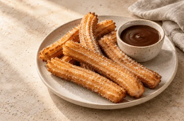 Churros espagnols dorés avec chocolat chaud