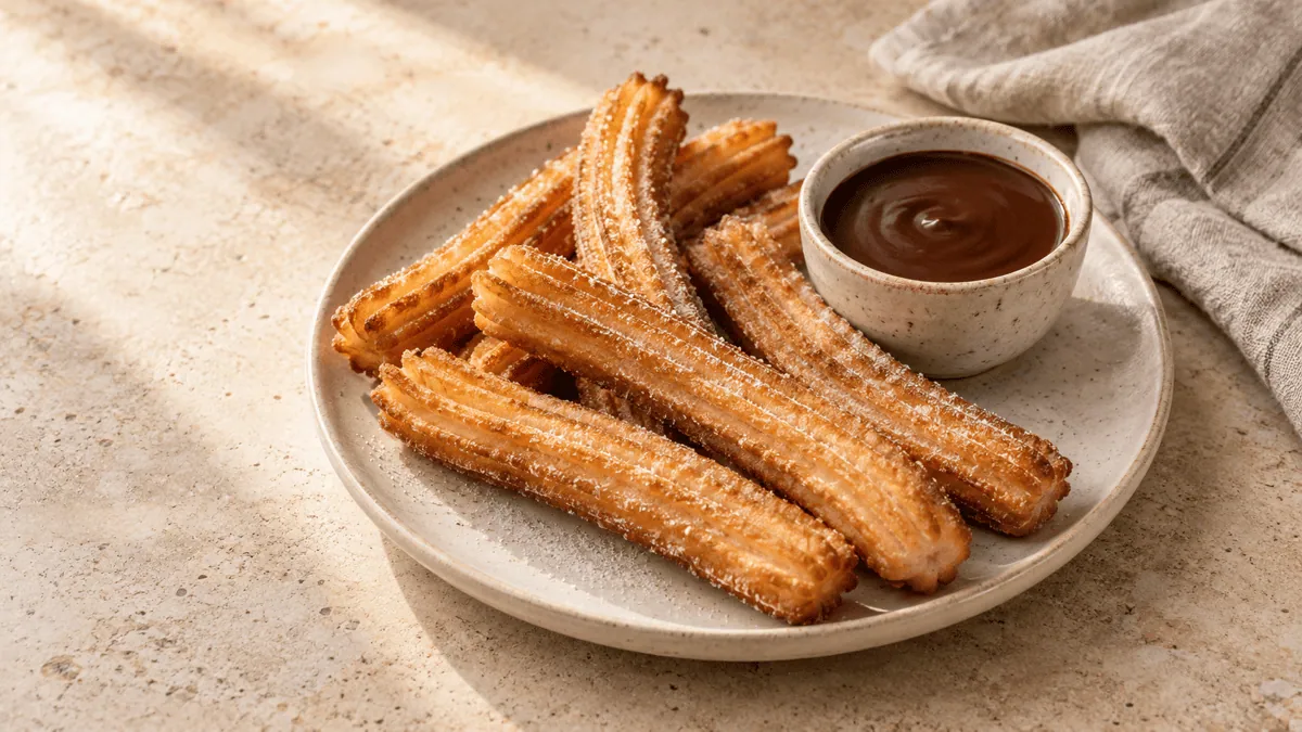 Churros espagnols dorés avec chocolat chaud