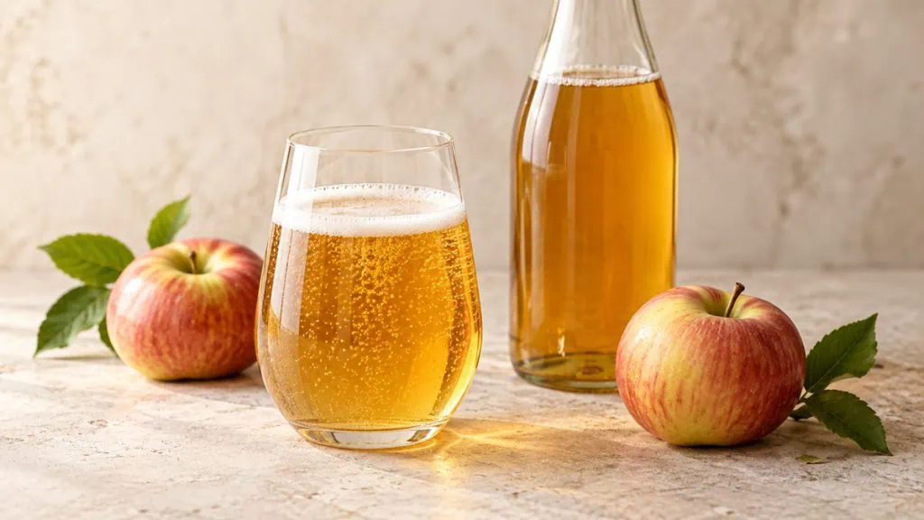 Cidre doré légèrement pétillant avec pommes et bouteille neutre
