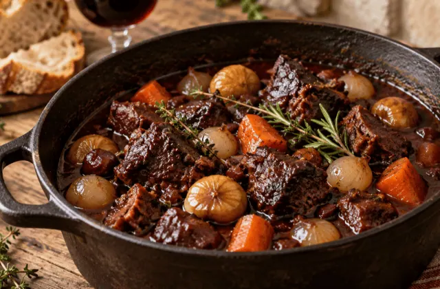 Cocotte de civet de sanglier corse aux châtaignes et au vin rouge