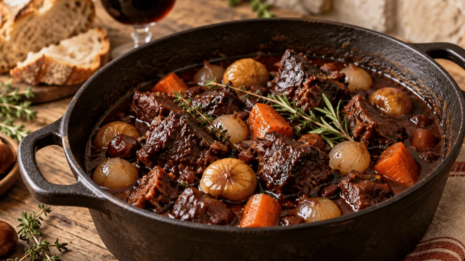 Cocotte de civet de sanglier corse aux châtaignes et au vin rouge