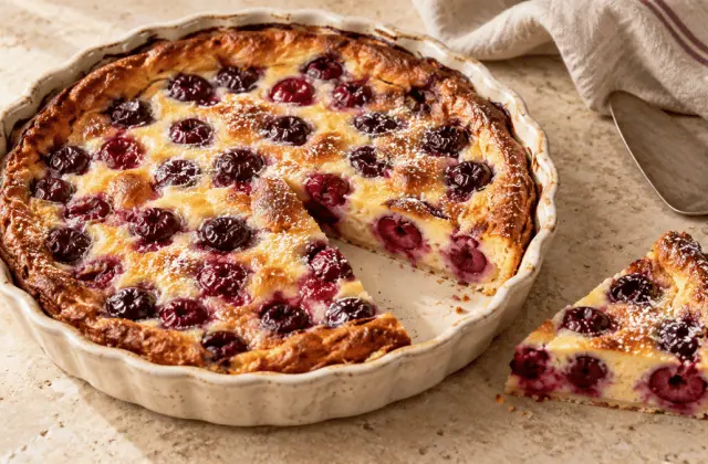 Clafoutis traditionnel aux cerises dans un plat en céramique