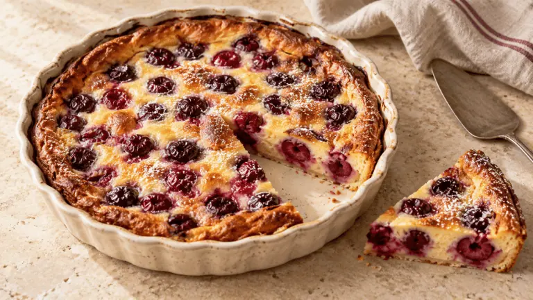 Clafoutis traditionnel aux cerises dans un plat en céramique