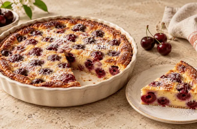 Clafoutis traditionnel aux cerises dans un plat en céramique