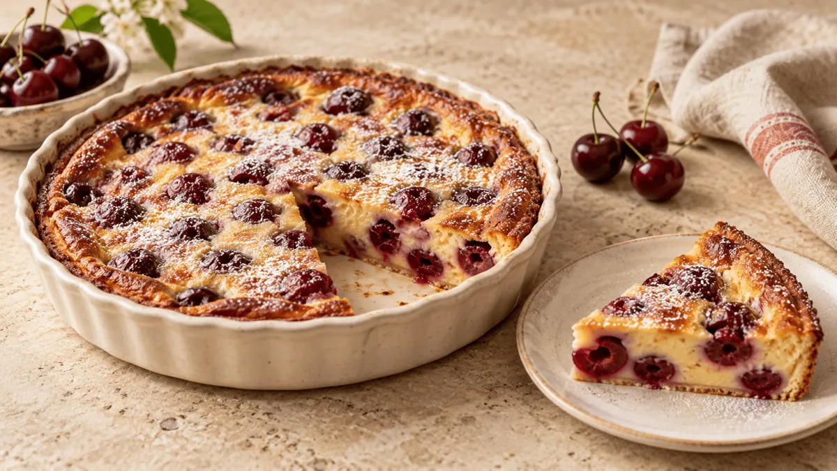 Clafoutis traditionnel aux cerises dans un plat en céramique