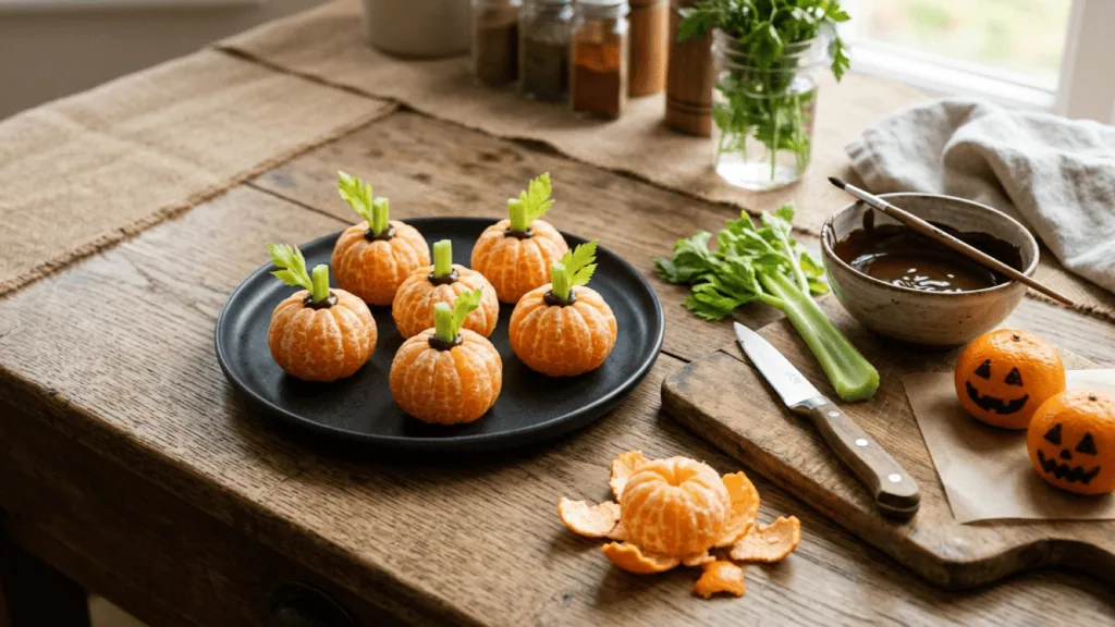Clémentines citrouilles maison sur une assiette sombre, céleri, épluchures et clémentines à visage de lanterne en chocolat