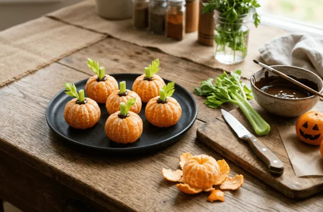 Clémentines citrouilles maison sur une assiette sombre, céleri, épluchures et clémentines à visage de lanterne en chocolat