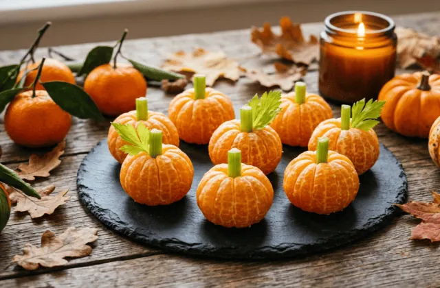 Clémentines épluchées en forme de mini-citrouilles avec une tige en céleri, sur une ardoise, petites citrouilles et bougie d’automne