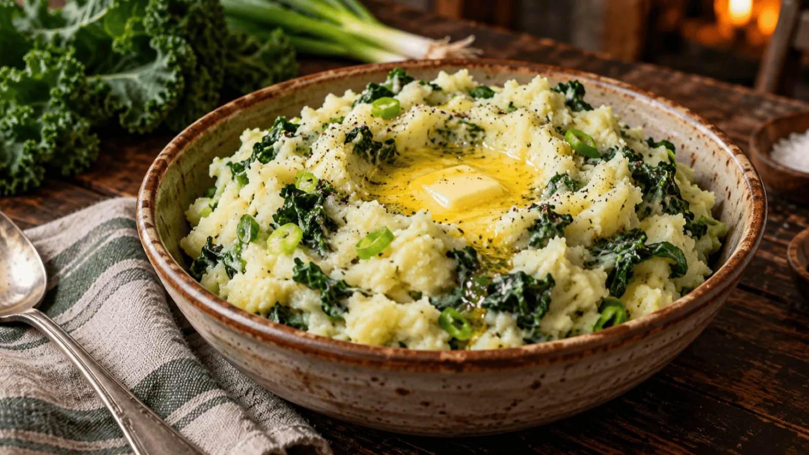 Colcannon irlandais traditionnel au chou vert et beurre fondu