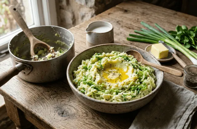 Colcannon irlandais maison : purée au chou vert et aux oignons nouveaux, puits de beurre fondu, casserole et presse-purée