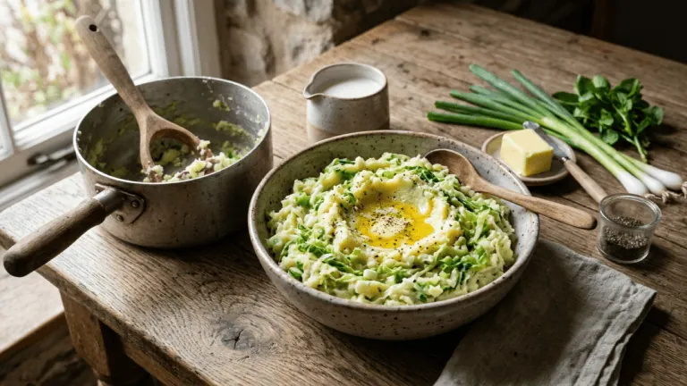 Colcannon irlandais maison : purée au chou vert et aux oignons nouveaux, puits de beurre fondu, casserole et presse-purée
