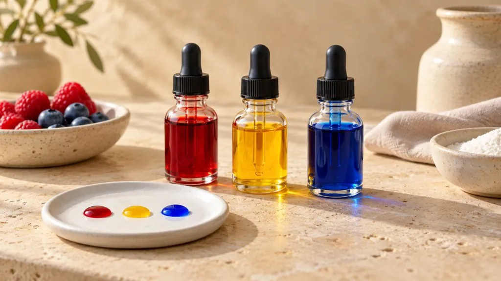 Colorants alimentaires rouge jaune et bleu en flacons