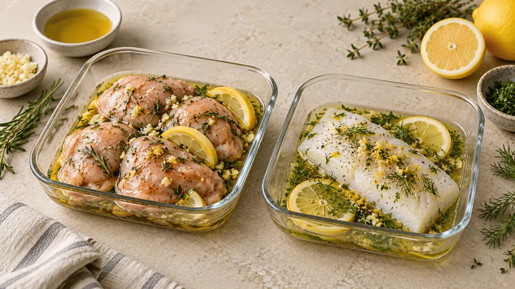 Poulet et poisson marinés séparément avec citron, huile et herbes
