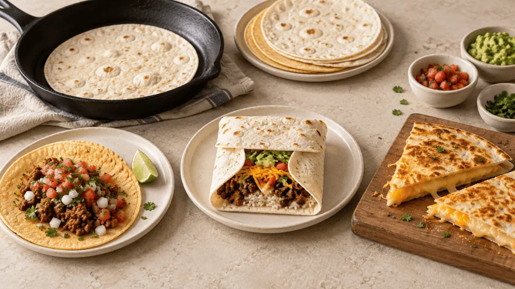 Tortillas préparées en taco, burrito et quesadilla