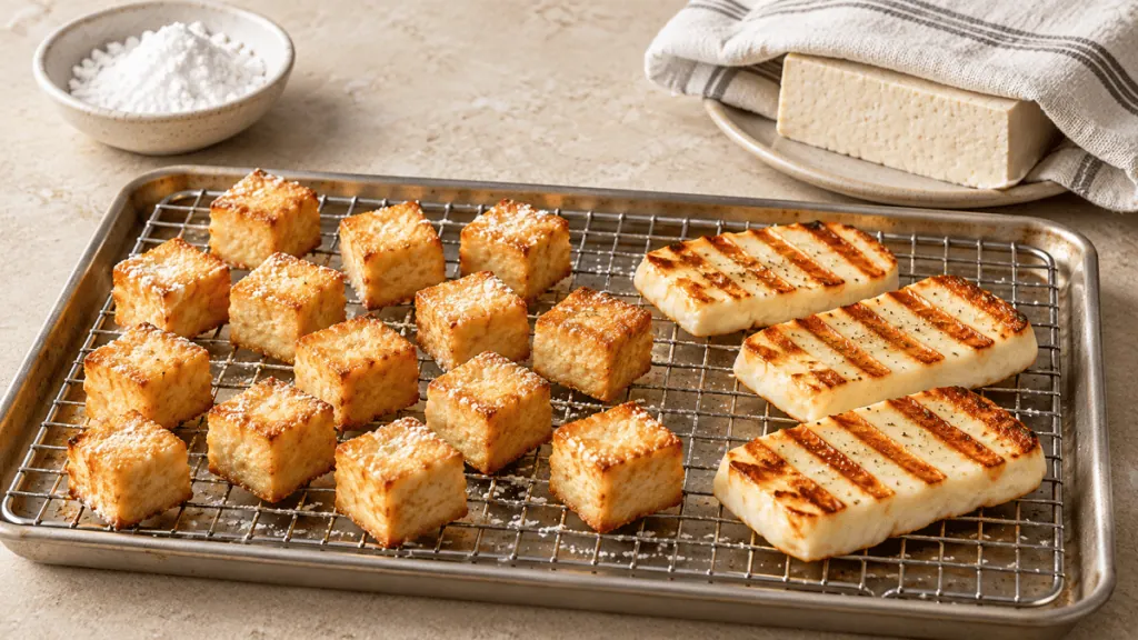Cubes de tofu croustillants et tranches de halloumi grillées