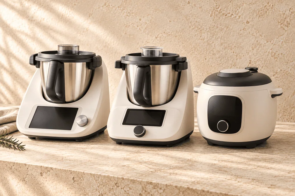 Trois appareils de cuisson comparés : deux robots cuiseurs et un multicuiseur