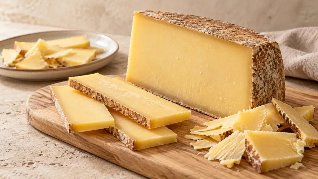 Quartier de comté affiné avec tranches et copeaux sur une planche claire