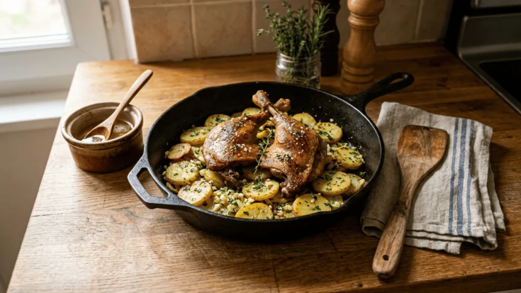Confit de canard maison et pommes sarladaises dans une poêle en fonte, cuisses dorées sur pommes de terre à l’ail et au persil