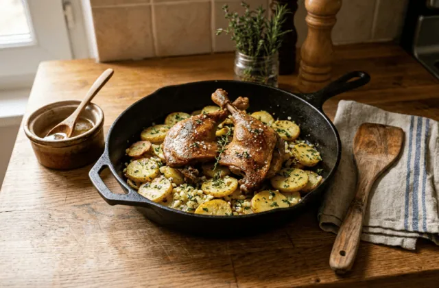 Confit de canard maison et pommes sarladaises dans une poêle en fonte, cuisses dorées sur pommes de terre à l’ail et au persil
