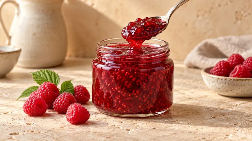 Pot de confiture de framboise avec fruits frais