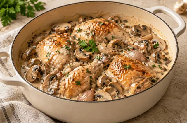 Morceaux de volaille au riesling, crème et champignons dans une cocotte