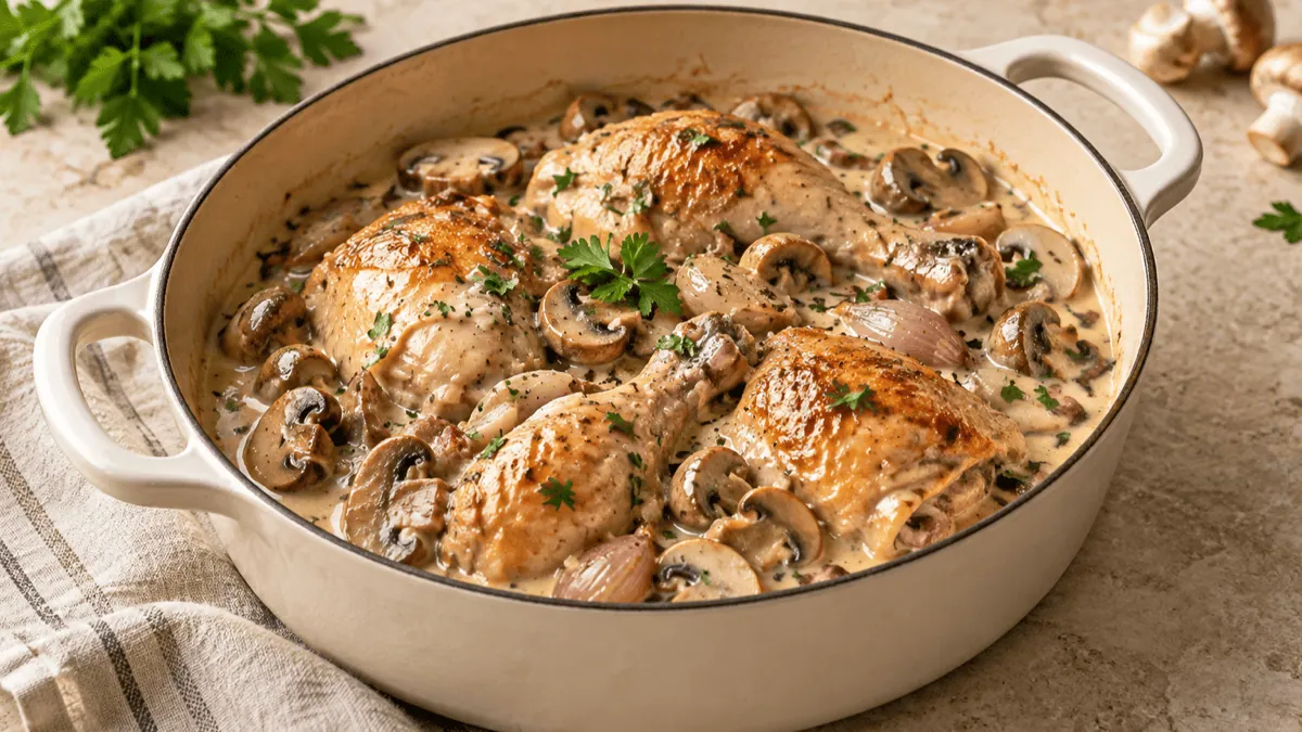 Morceaux de volaille au riesling, crème et champignons dans une cocotte
