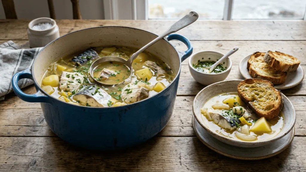 Cotriade bretonne en cocotte : poissons du jour, pommes de terre et poireaux en bouillon, assiette avec pain grillé et vinaigrette