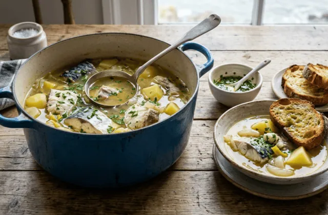 Cotriade bretonne en cocotte : poissons du jour, pommes de terre et poireaux en bouillon, assiette avec pain grillé et vinaigrette
