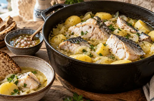 Marmite de cotriade bretonne avec poissons, pommes de terre, pain et vinaigrette