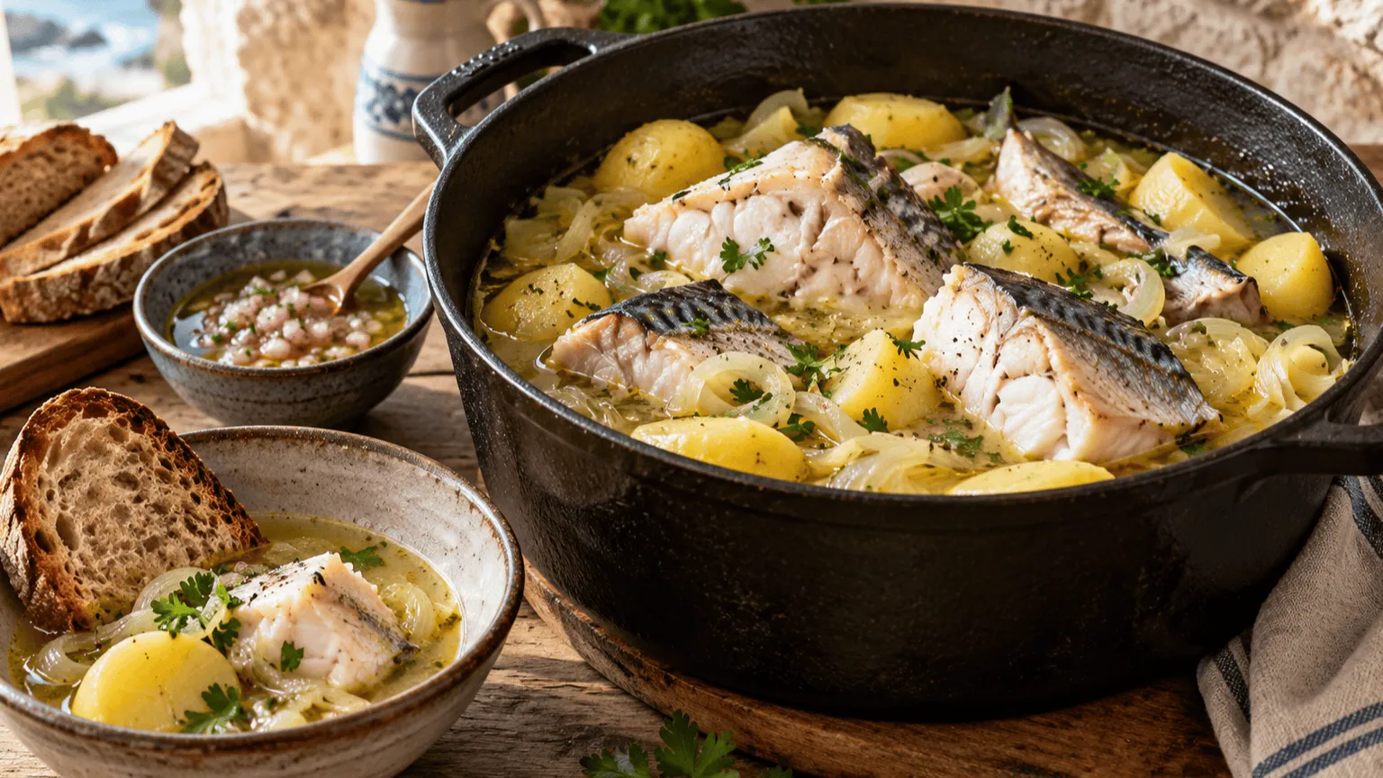 Marmite de cotriade bretonne avec poissons, pommes de terre, pain et vinaigrette