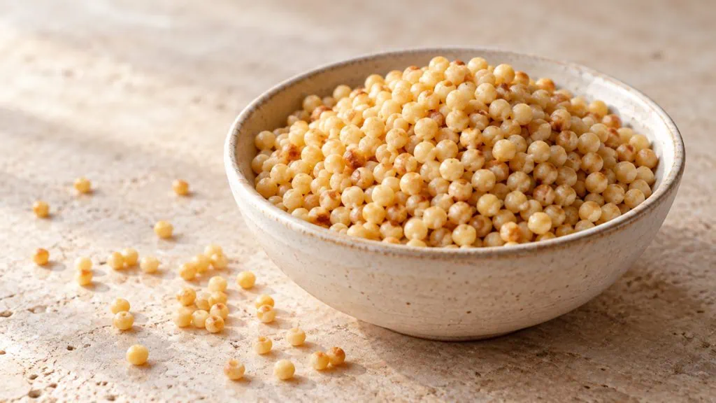Couscous perlé sec aux grains ronds dans un bol en grès clair