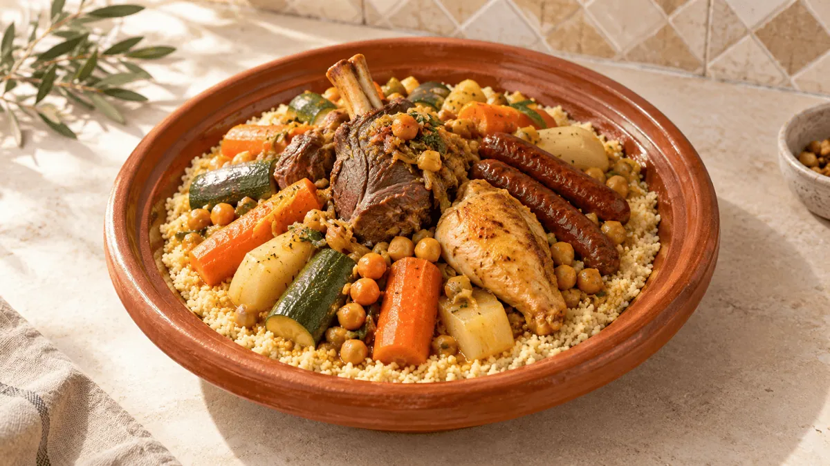 Couscous royal avec semoule, légumes, agneau, poulet et merguez