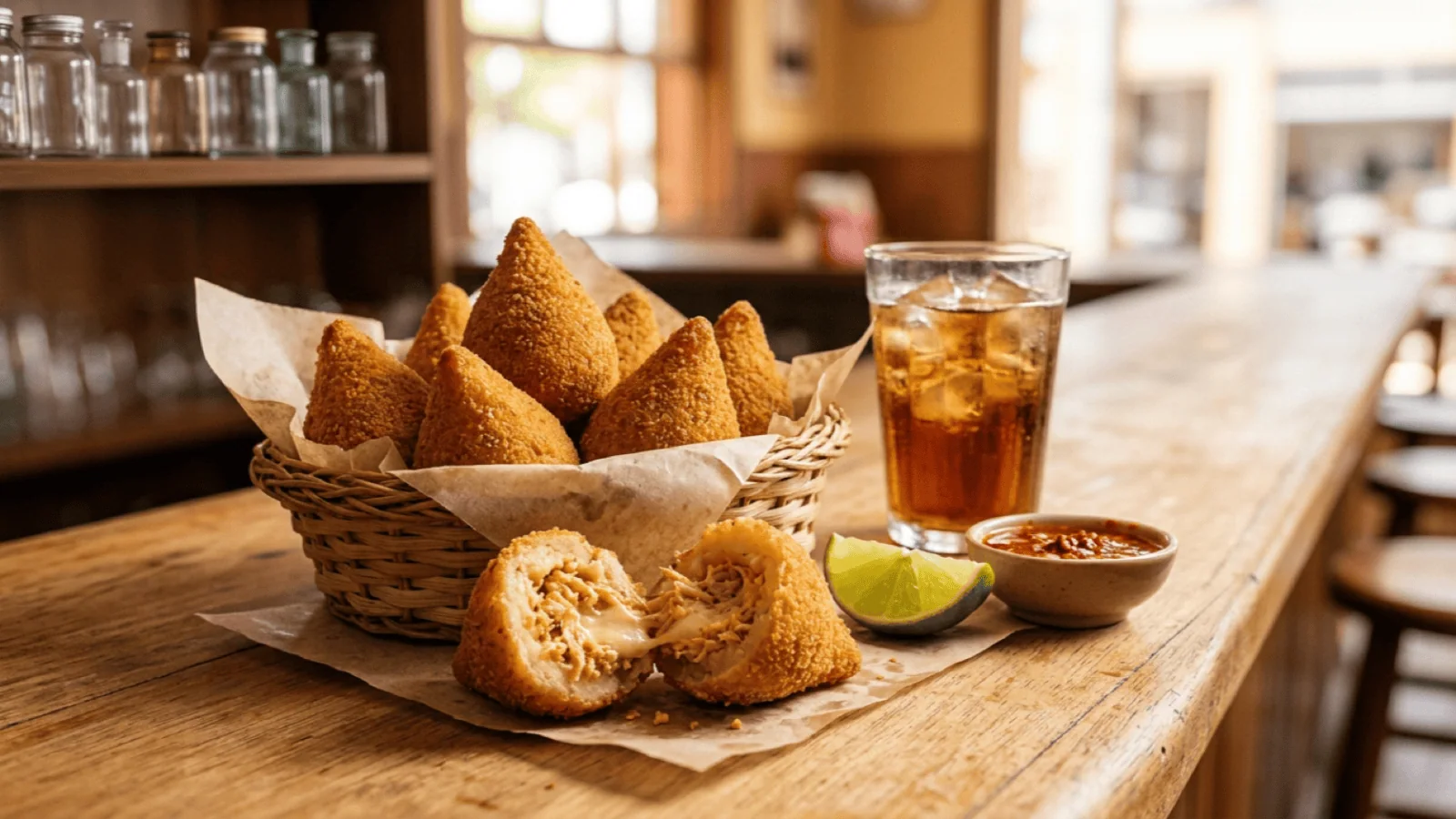 Coxinhas brésiliennes dorées en forme de goutte dans un panier, une coxinha ouverte sur le poulet effiloché au requeijão, sur un comptoir de boteco