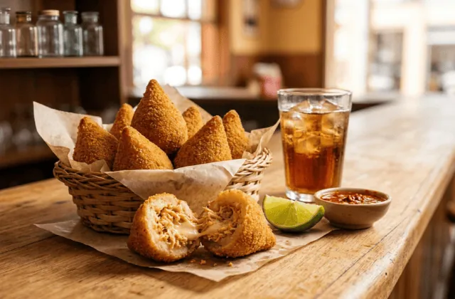 Coxinhas brésiliennes dorées en forme de goutte dans un panier, une coxinha ouverte sur le poulet effiloché au requeijão, sur un comptoir de boteco
