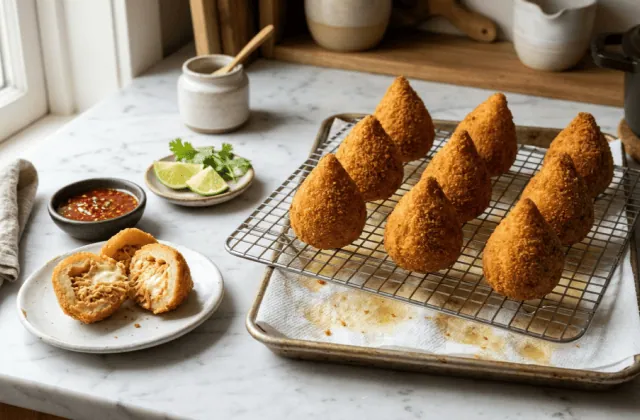 Coxinhas au poulet et au requeijão maison égouttées sur une grille, une coupée en deux, avec sauce pimentée et citron vert