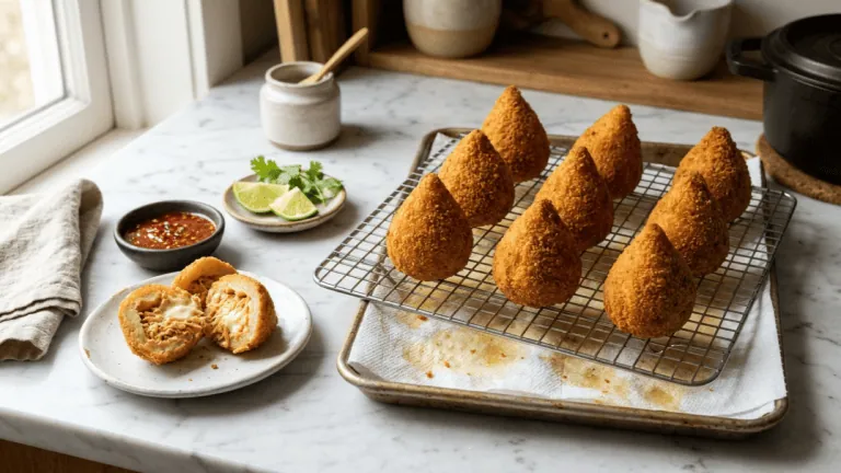 Coxinhas au poulet et au requeijão maison égouttées sur une grille, une coupée en deux, avec sauce pimentée et citron vert