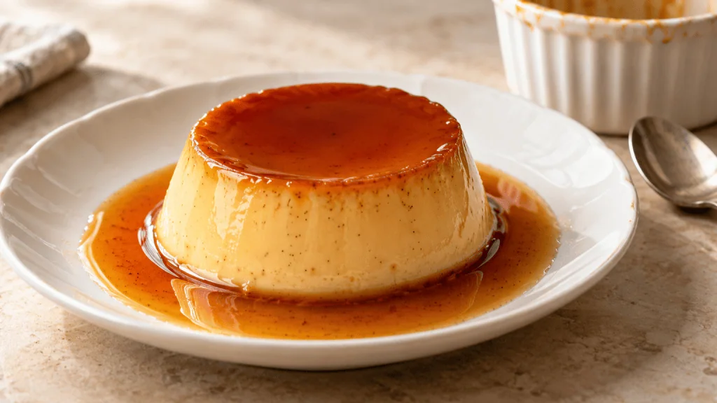 Crème caramel française démoulée sur une assiette blanche