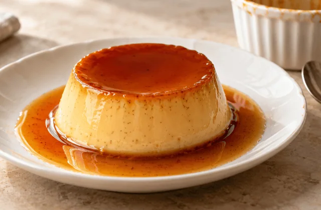 Crème caramel française démoulée sur une assiette blanche