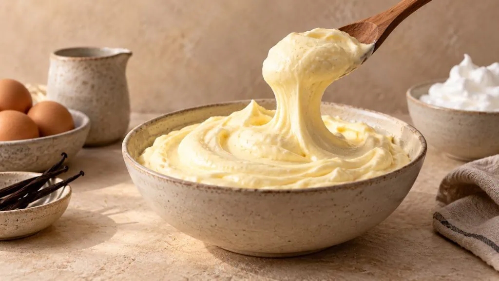 Crème chiboust aérienne dans un bol en céramique