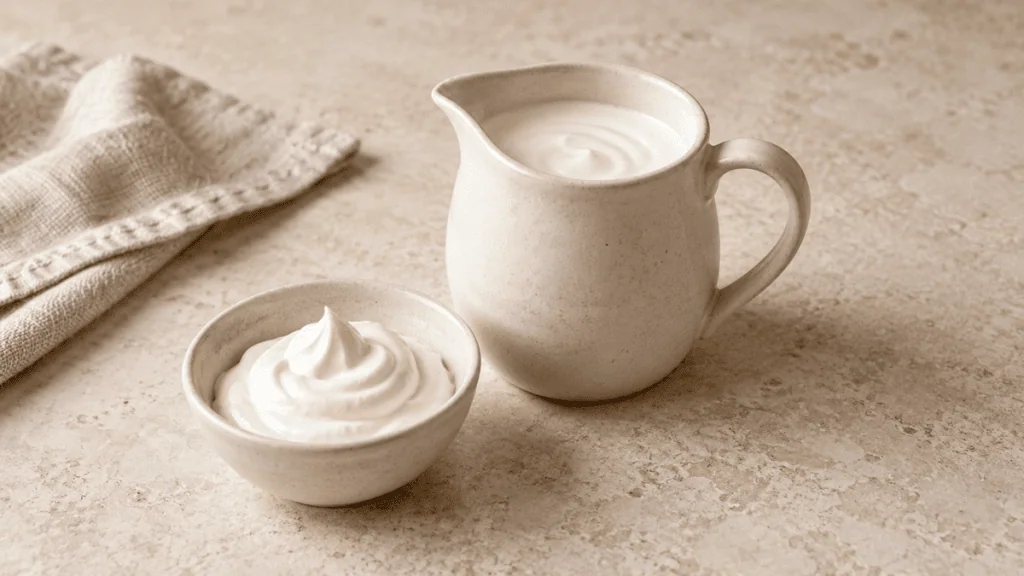 Crème fleurette liquide dans une vaisselle en grès