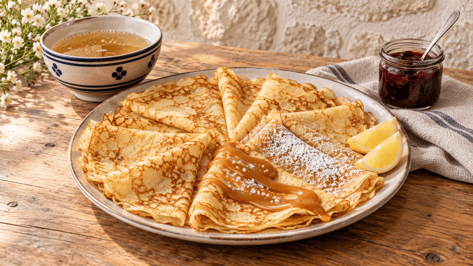 Crêpes françaises au caramel, sucre et citron avec une bolée de cidre