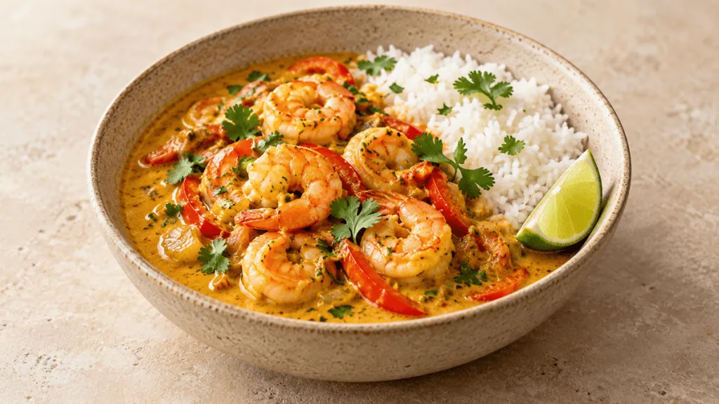 Curry de crevettes au lait de coco avec riz, poivron, coriandre et citron vert